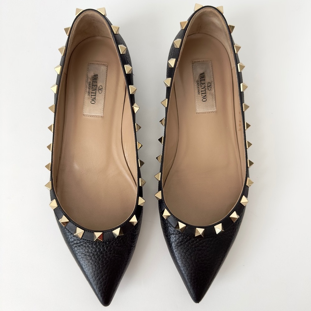 ✨Auth VALENTINO GARAVANI Rockstud Pebbled Leather Pointed Ballerina Flats 36.5 - Picture 8 of 16